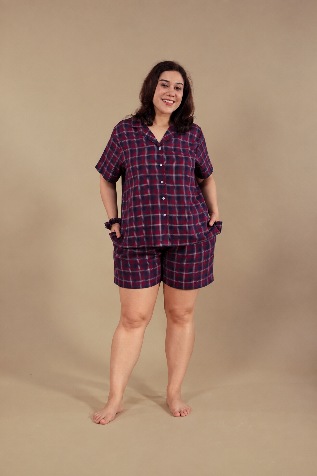 Ruby Check Cotton Women's Curve Shorts Set- Half Sleeves