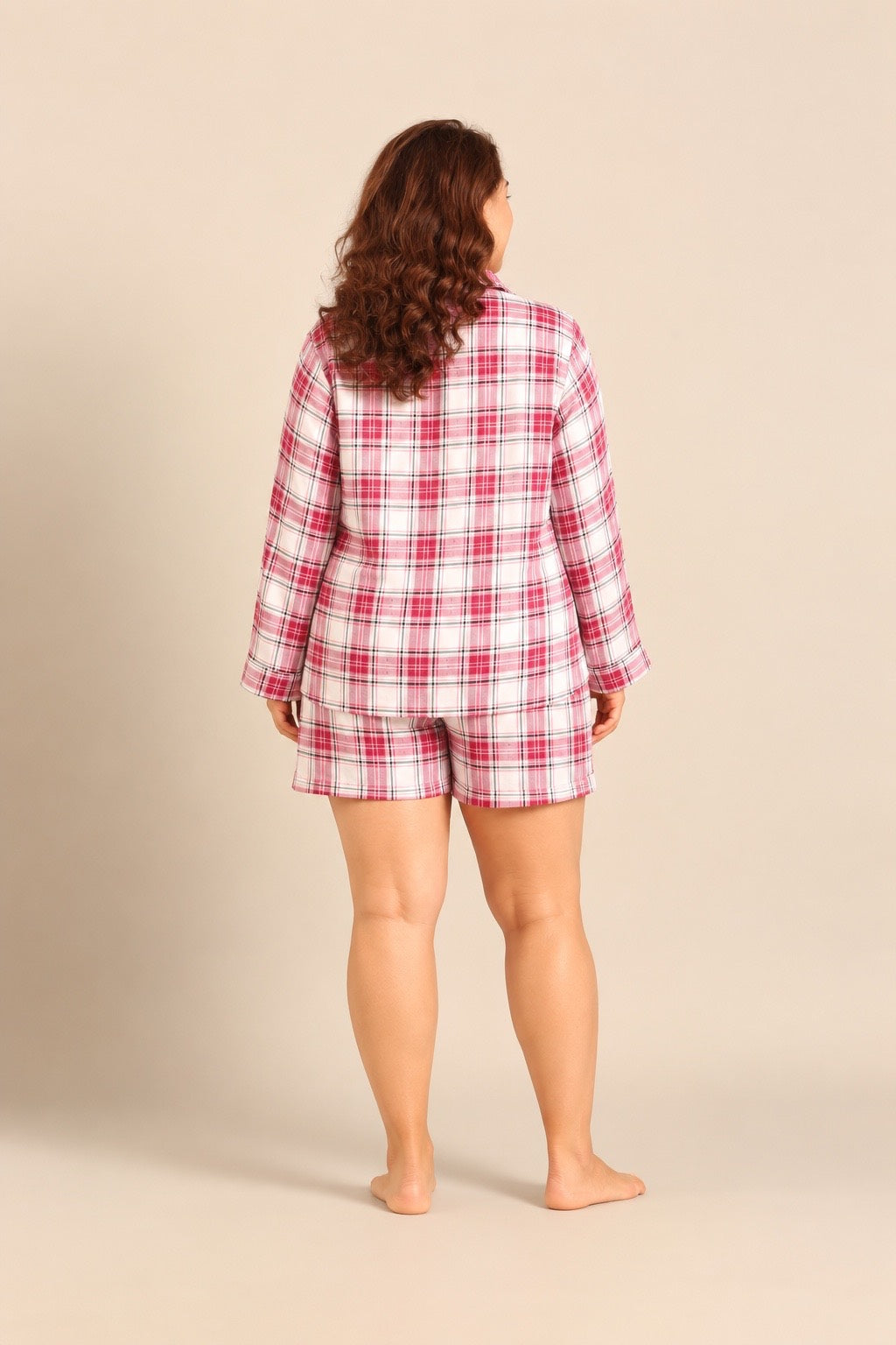 Nina Check Viscose Twill Women's Curve Shorts Set - Full Sleeves