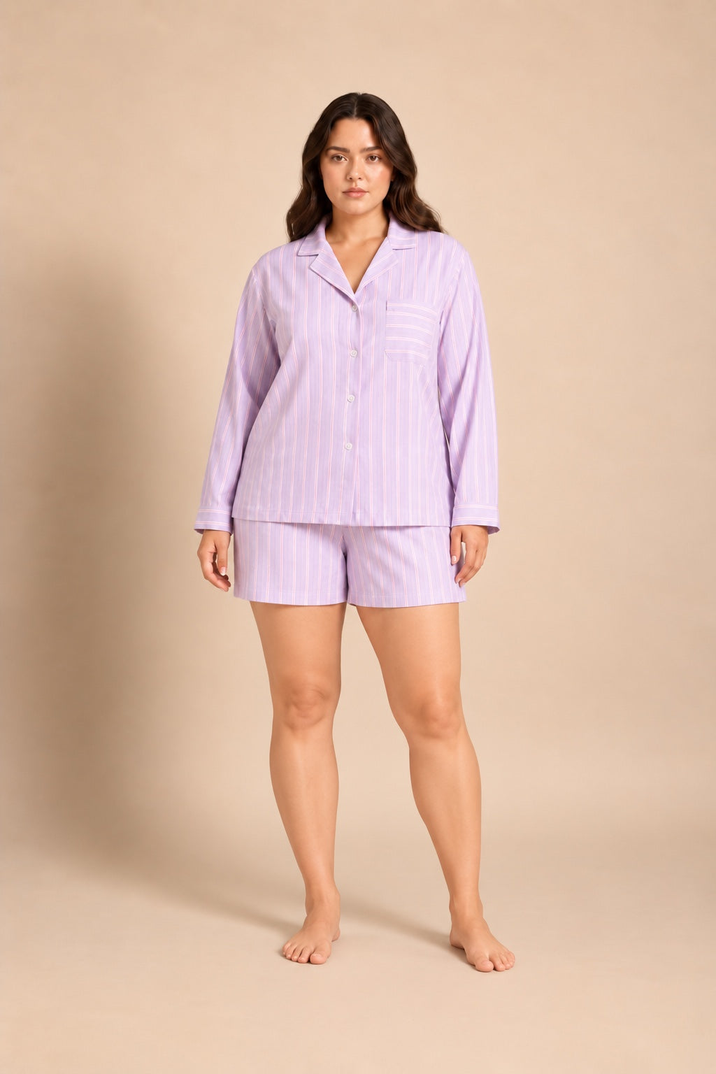 Mia Lilac Viscose Twill Women's Curve Shorts Set - Full Sleeves