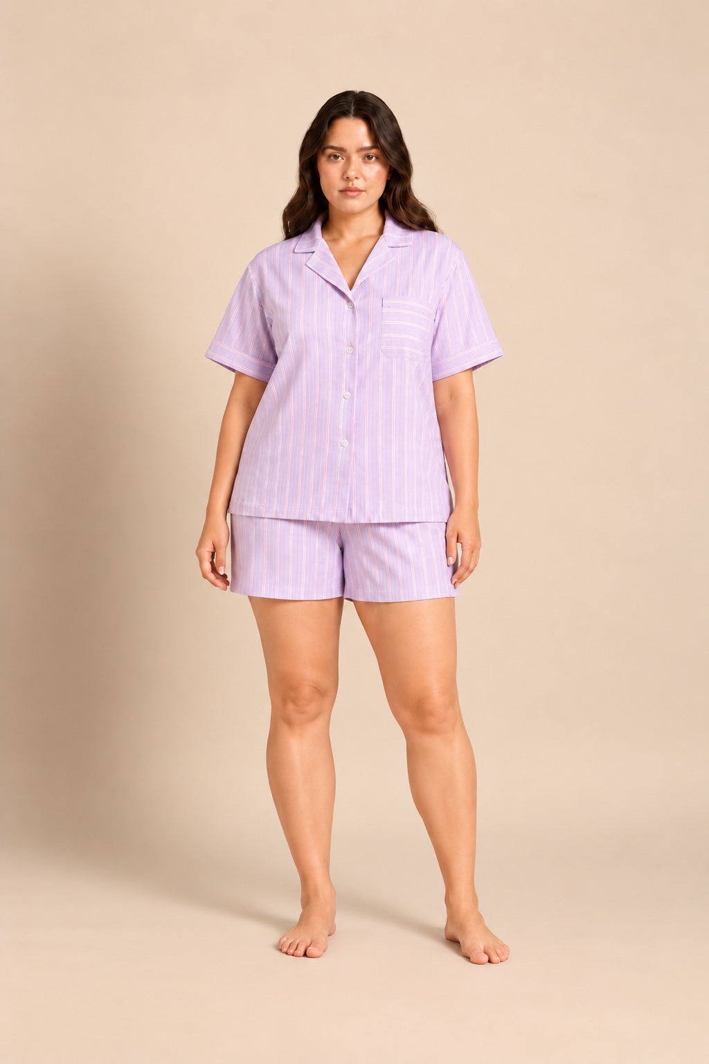 Mia Lilac Viscose Twill Women's Curve Shorts Set - Half Sleeves