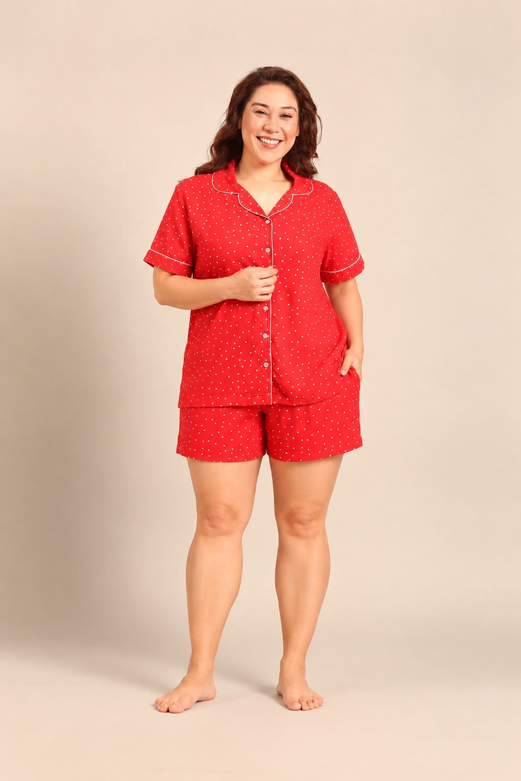 Minnie Polka Viscose Women's Curve Shorts Set - Half Sleeves
