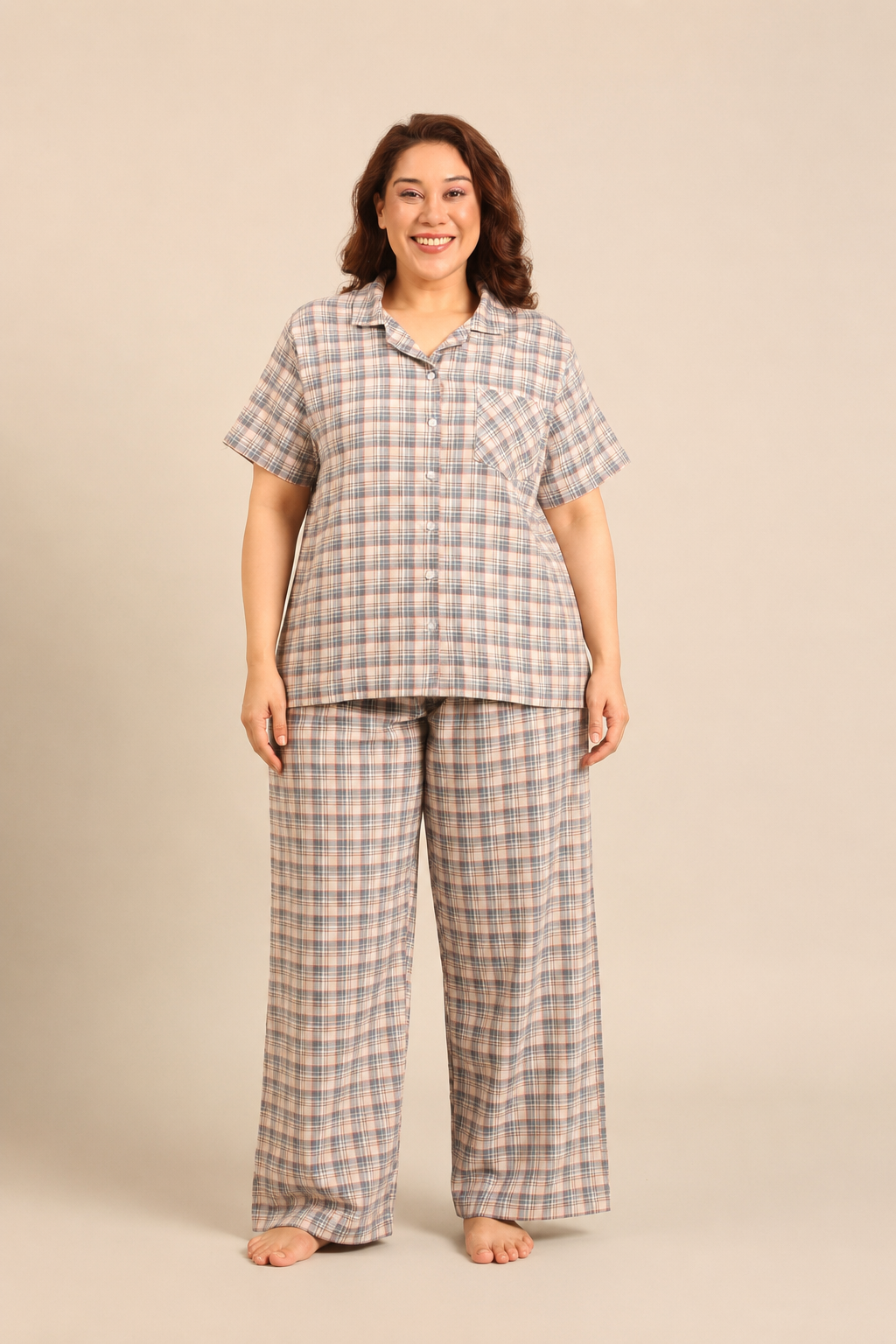Beige Plaid Cotton Women's Curve Pajama Set - Half Sleeves