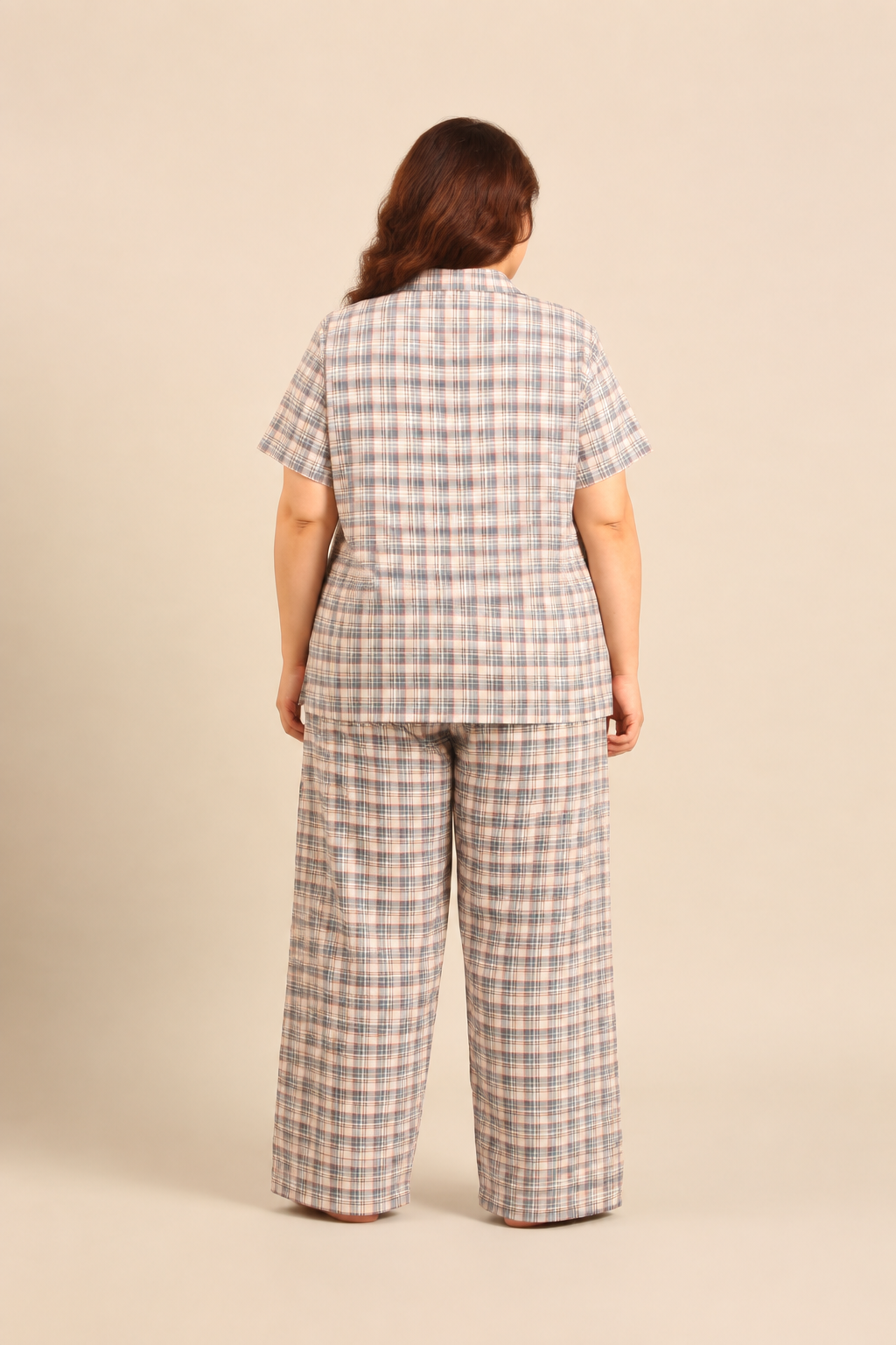 Beige Plaid Cotton Women's Curve Pajama Set - Half Sleeves