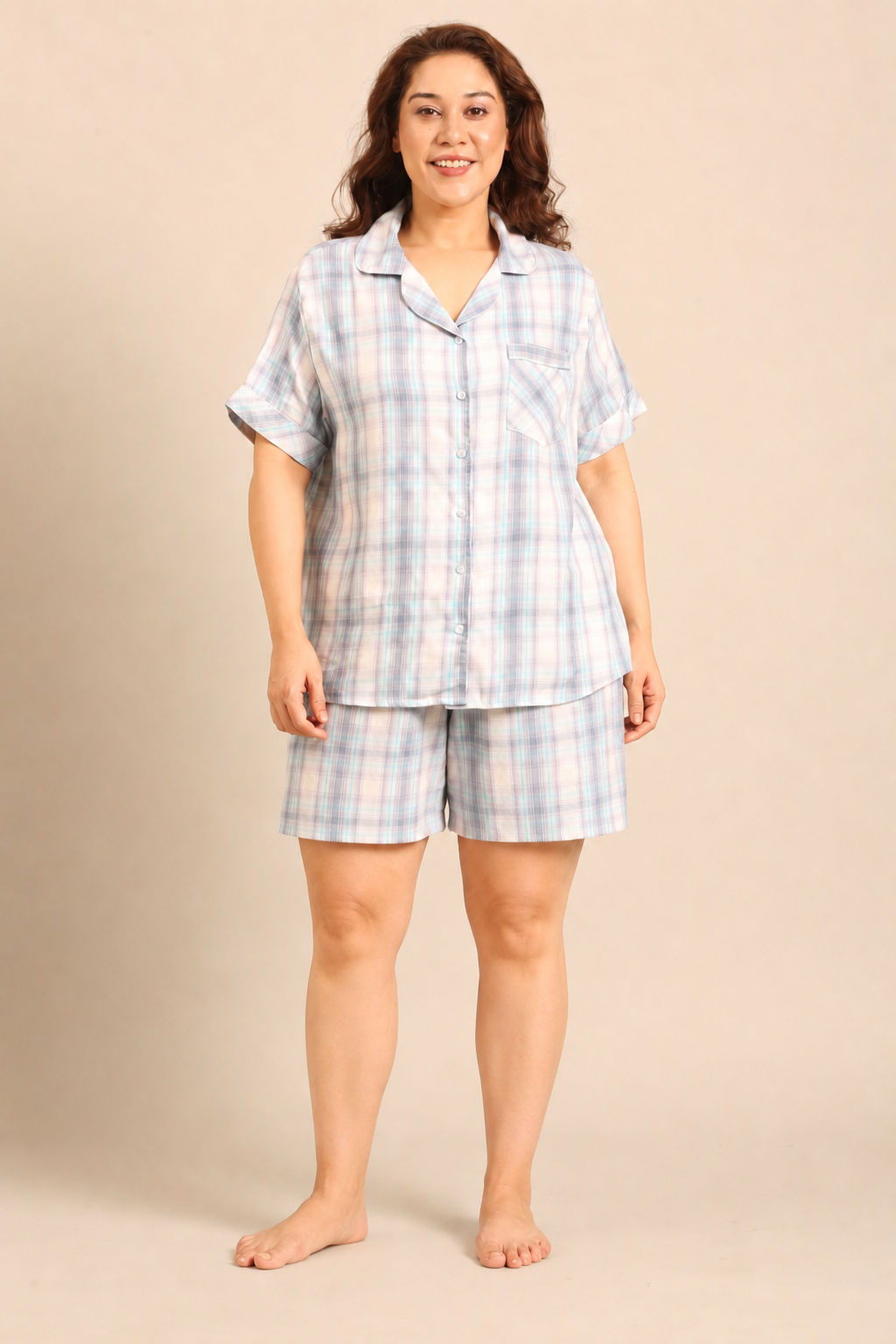 Serena Check Cotton Women's Curve Shorts Set - Half Sleeves