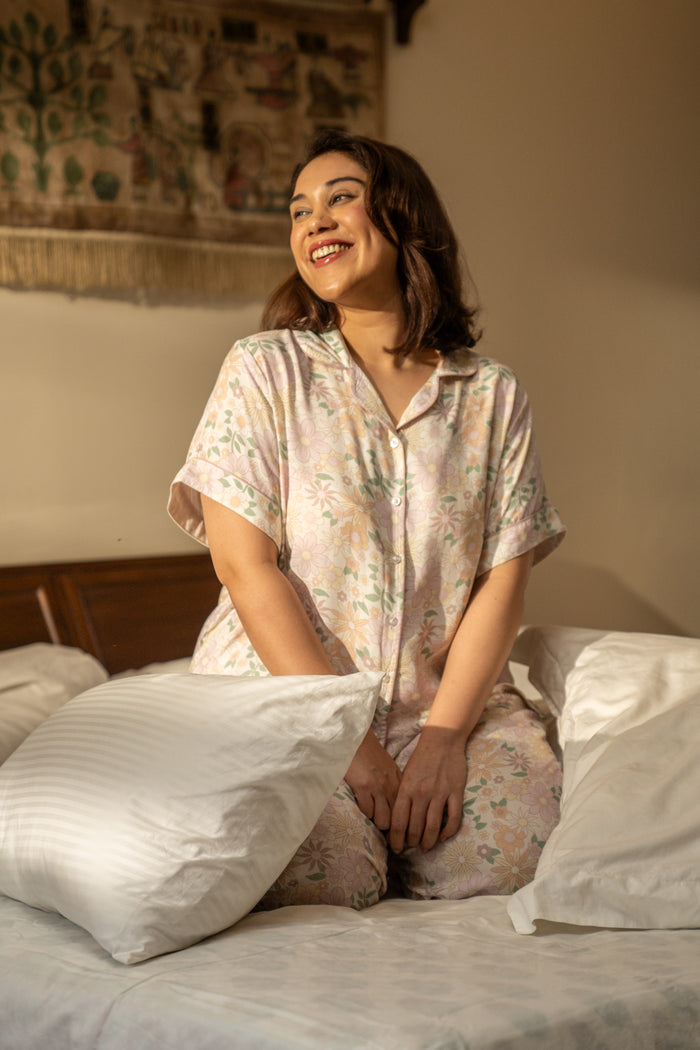 Pastel Bloom Cotton Blend Women's Curve Pajama Set- Half Sleeves