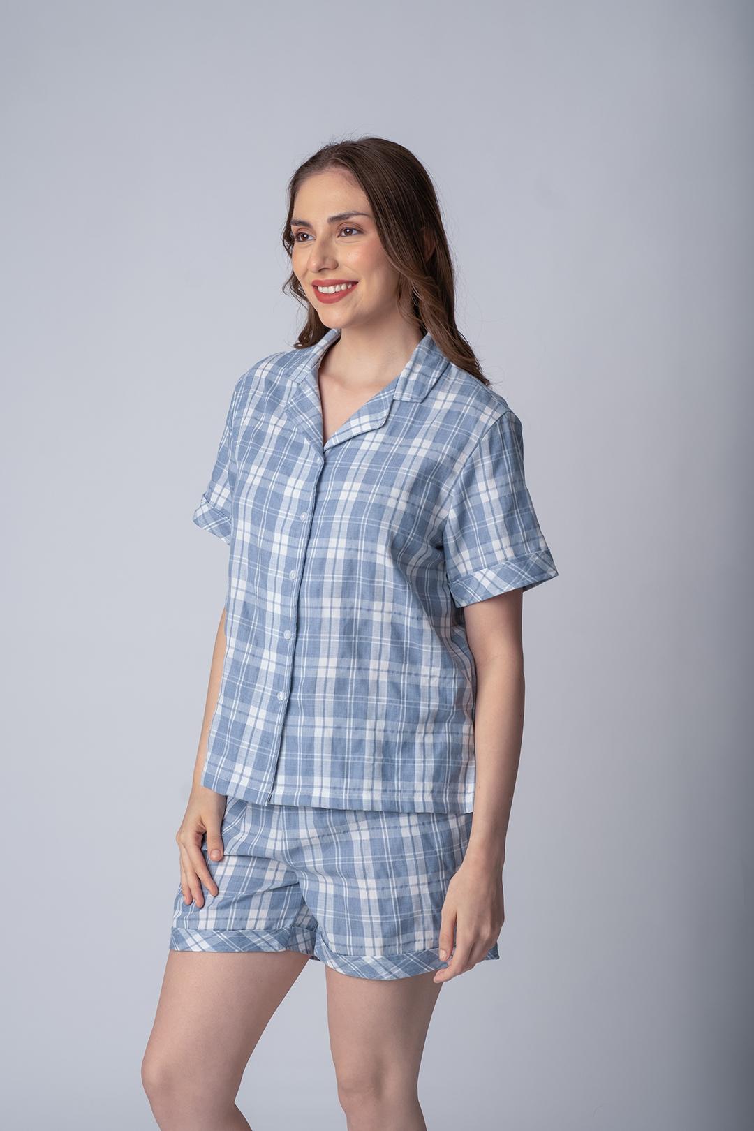 Dusty Blue Checked Soft Cotton Women's Shorts Set