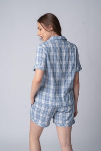Dusty Blue Checked Soft Cotton Women's Shorts Set
