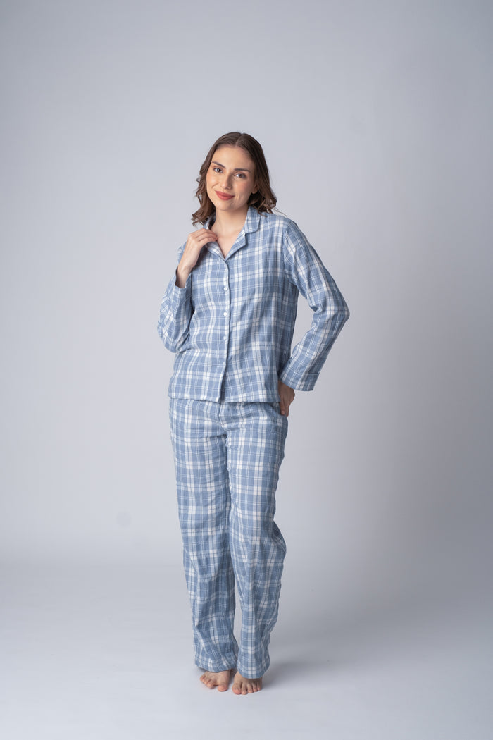 Dusty Blue Checked Soft Cotton Women's Pajama Set - Full Sleeves