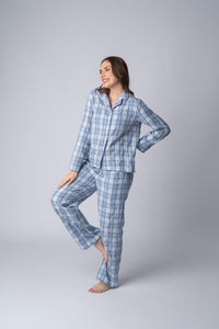 Dusty Blue Checked Soft Cotton Women's Pajama Set - Full Sleeves