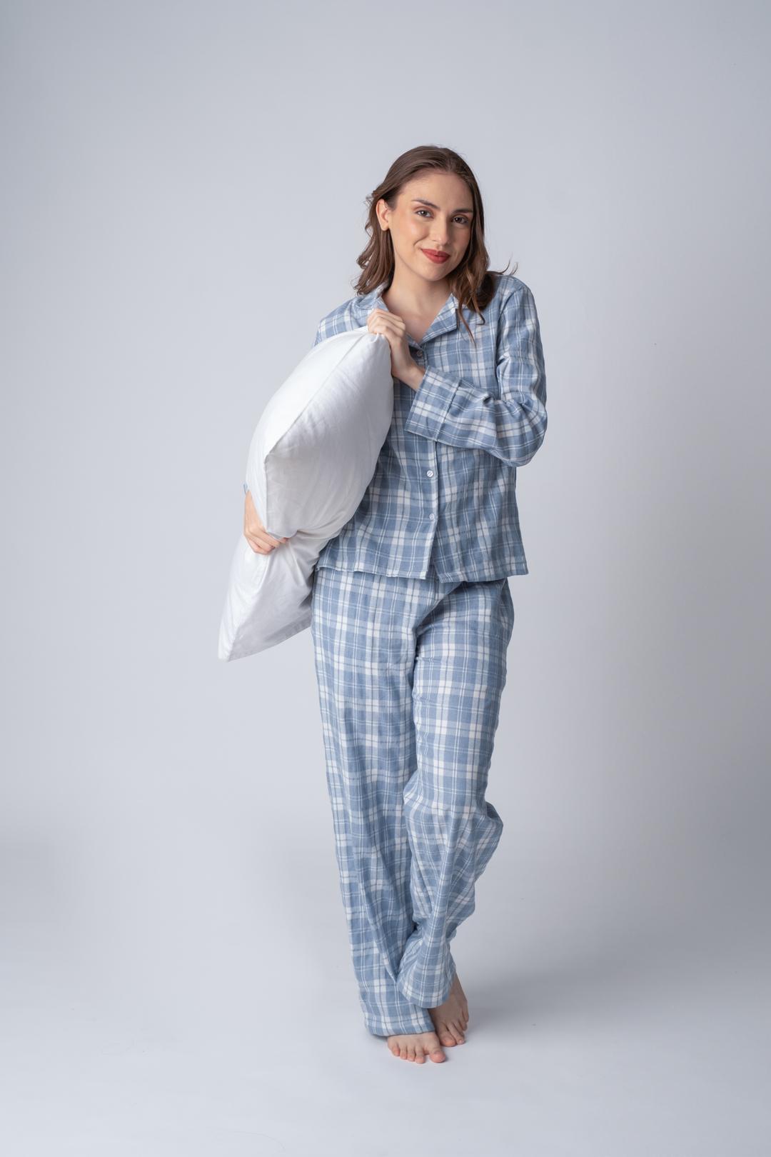 Dusty Blue Checked Soft Cotton Women's Pajama Set - Full Sleeves