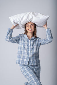 Dusty Blue Checked Soft Cotton Women's Pajama Set - Full Sleeves