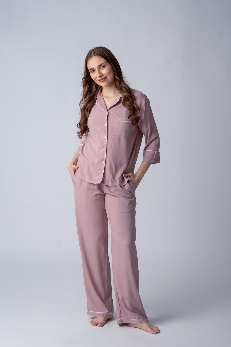 Emily Mauve Soft Cotton Women's Pajama Set - 3/4th sleeves