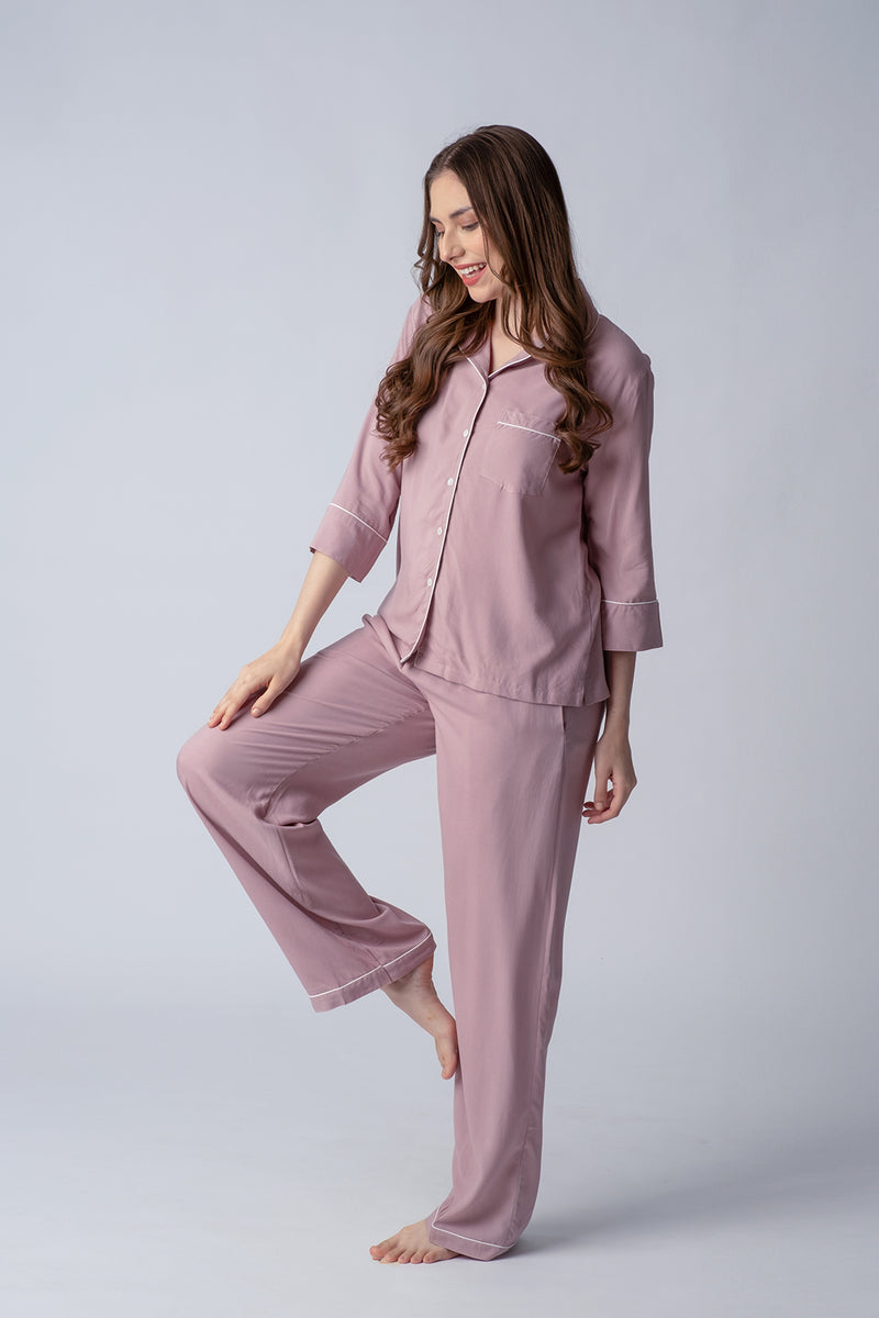 Emily Mauve Soft Cotton Women's Pajama Set - 3/4th sleeves