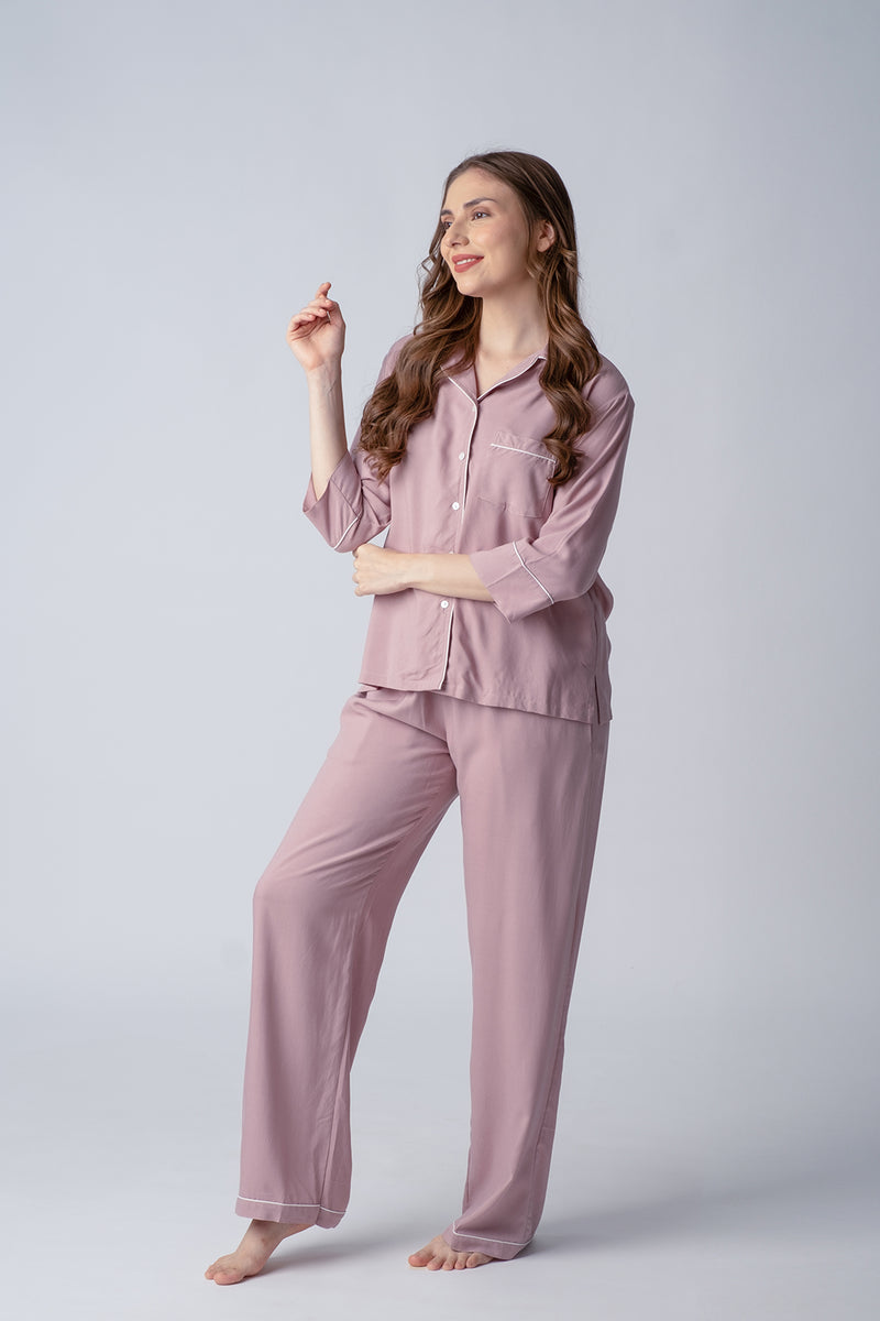 Emily Mauve Soft Cotton Women's Pajama Set - 3/4th sleeves