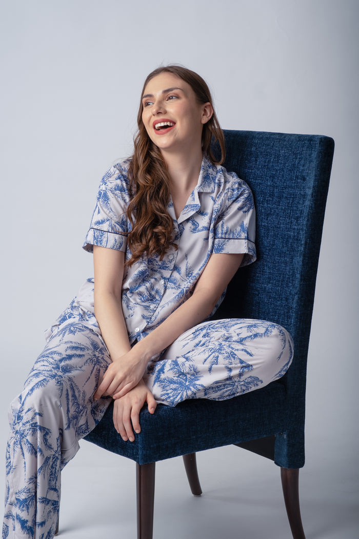 Palm Island Blue Soft Cotton Women's Pajama Set