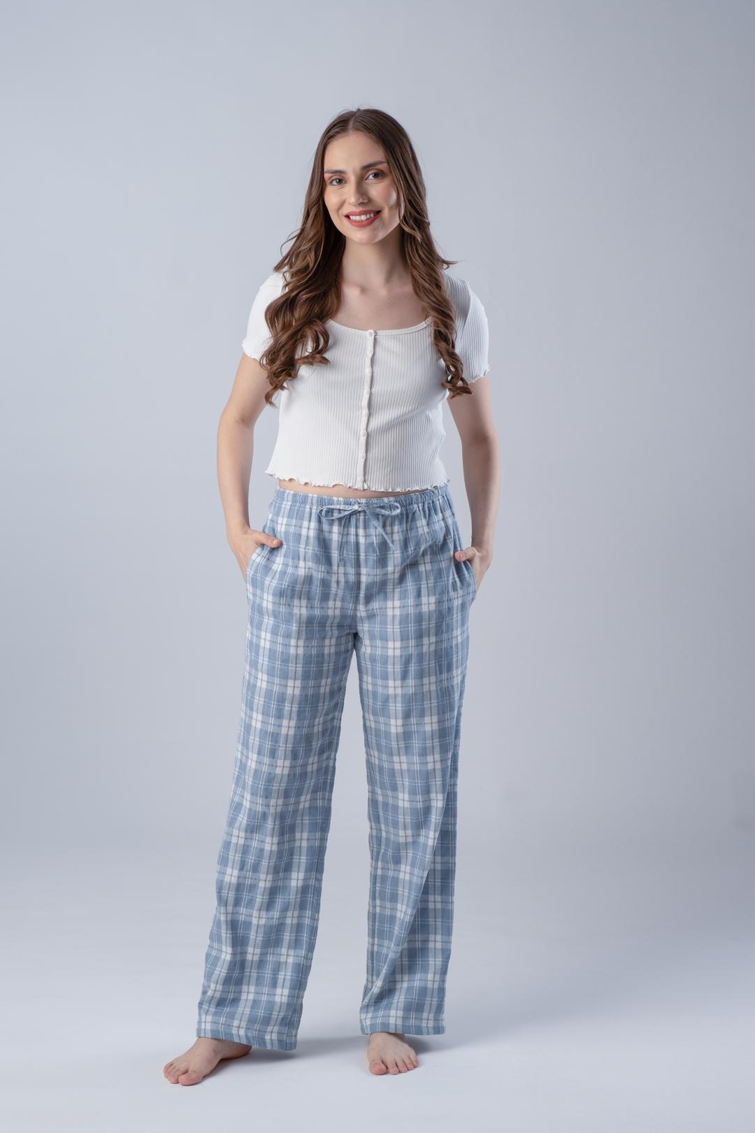 Dusty Blue Checked Soft Cotton Women's Pajama