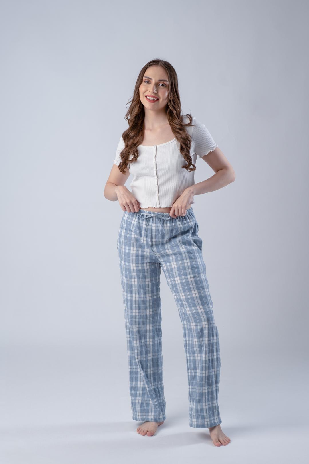 Dusty Blue Checked Soft Cotton Women's Pajama