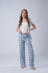 Dusty Blue Checked Soft Cotton Women's Pajama