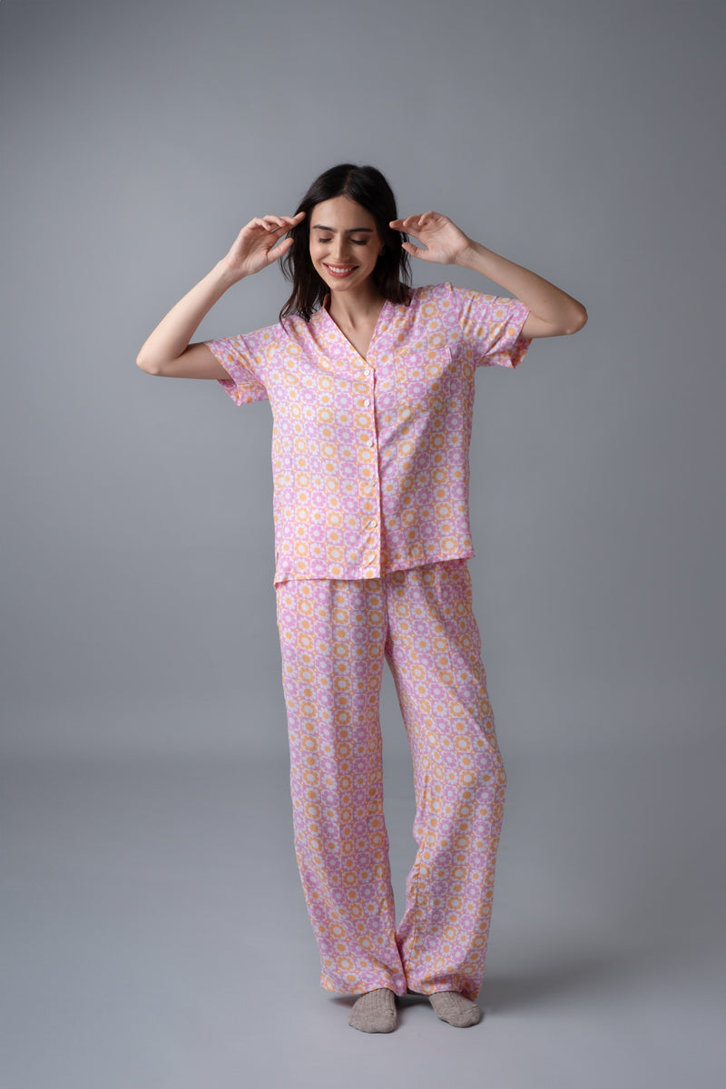 Irene Pink Floral Printed Cotton Blend Women's Pajama Set