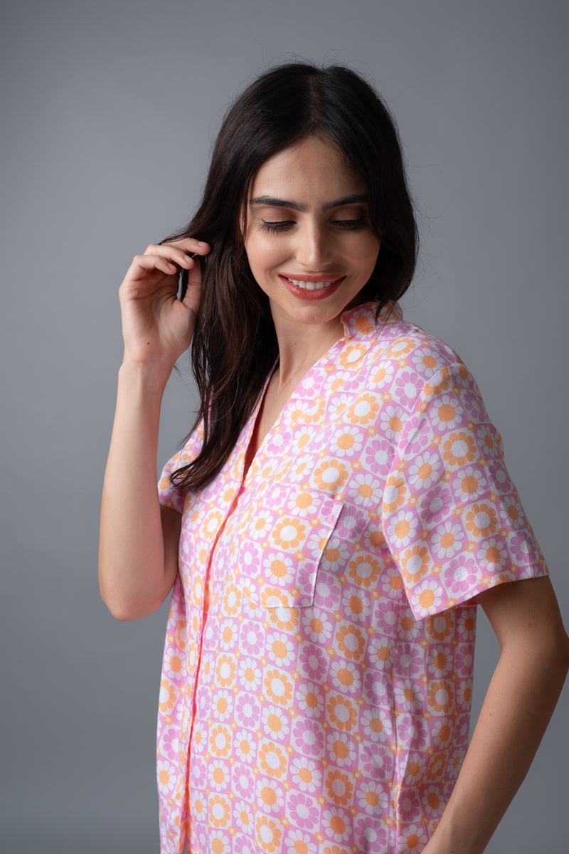 Irene Pink Floral Printed Cotton Blend Women's Pajama Set