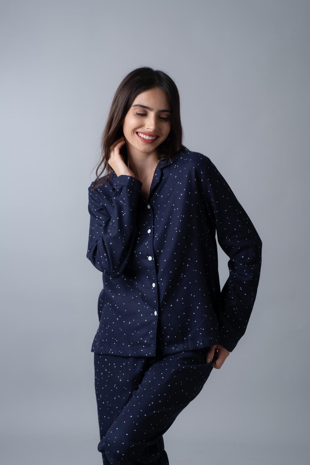 Starlight Blue Printed Cotton Twill Women's Pajama Set - Full Sleeves