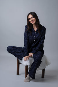 Starlight Blue Printed Cotton Twill Women's Pajama Set - Full Sleeves
