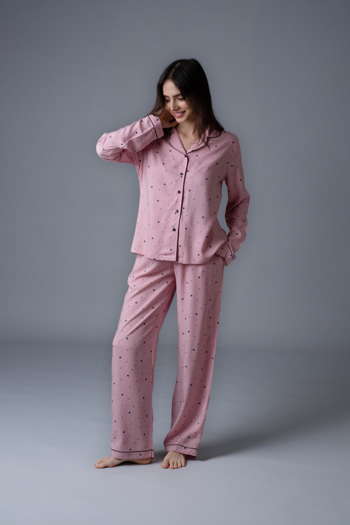 Mickey Pink Cotton Women's Pajama Set- Full Sleeves