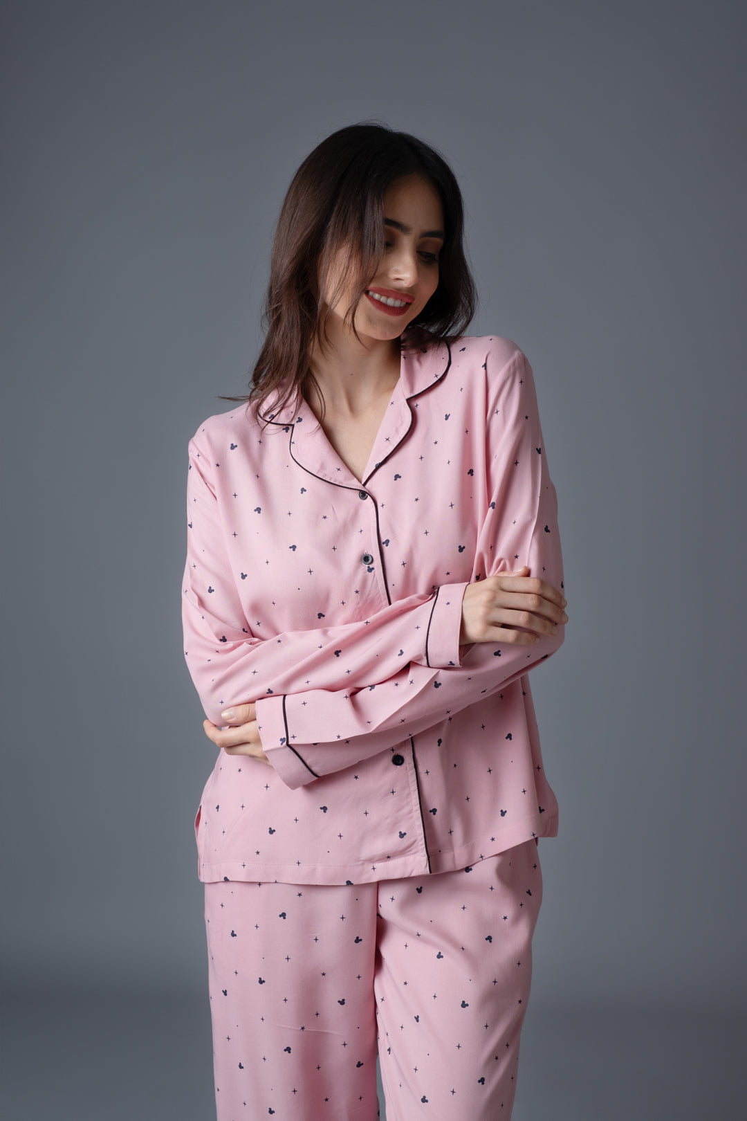 Mickey Pink Cotton Women's Pajama Set- Full Sleeves