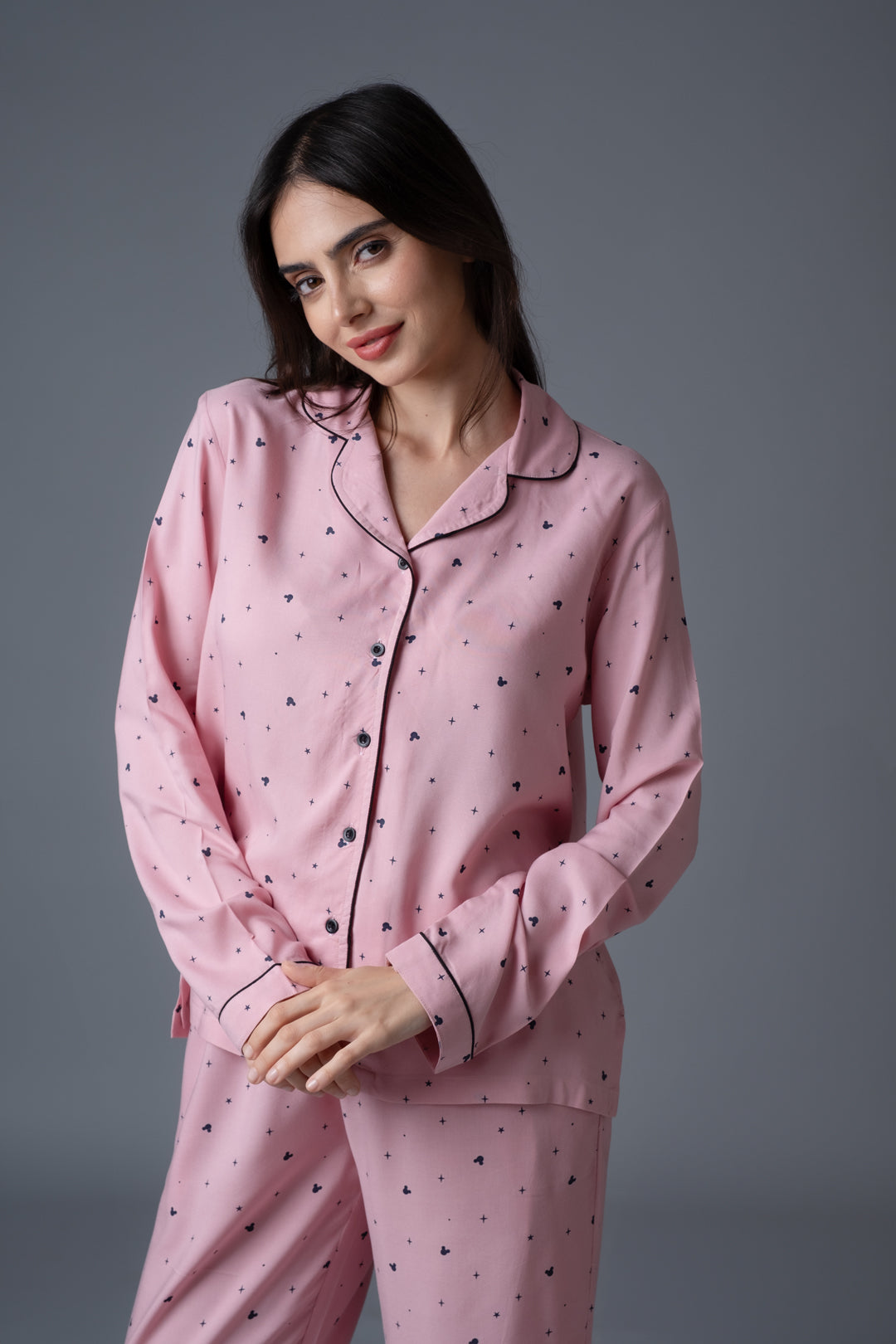 Mickey Pink Cotton Women's Pajama Set- Full Sleeves