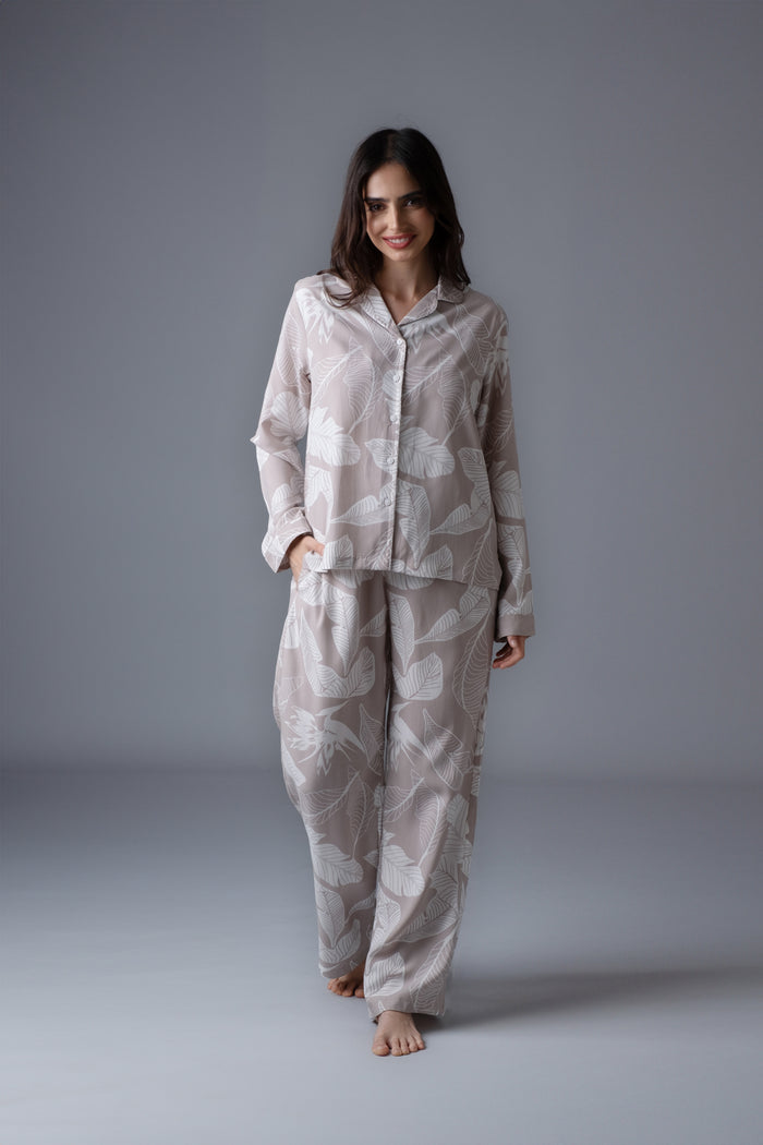 Hazel Leaf Soft Cotton Women's Pajama Set- Full Sleeves
