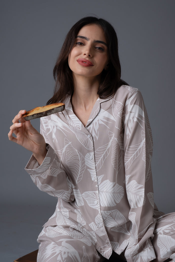 Hazel Leaf Soft Cotton Women's Pajama Set- Full Sleeves