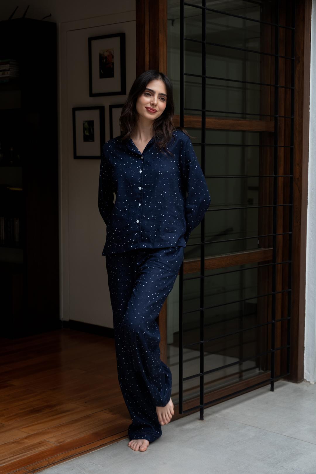 Starlight Blue Printed Cotton Twill Women's Pajama Set - Full Sleeves