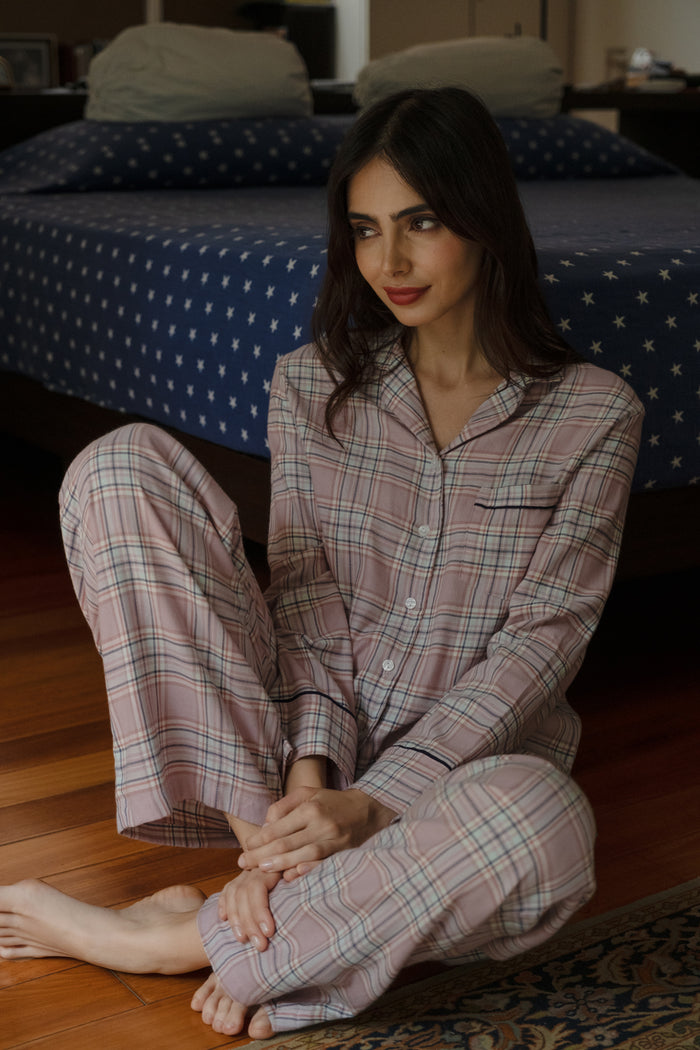 Rosy Check Cotton Women's Pajama Set - Full Sleeves