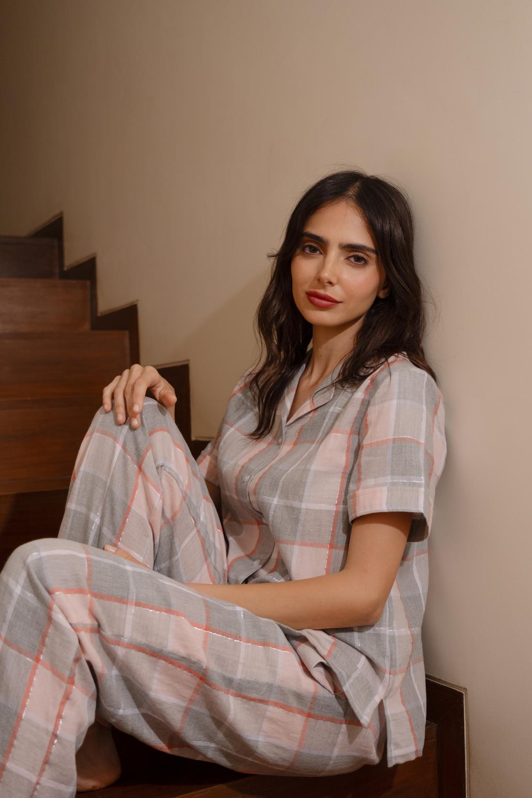 Winter Dusk Lurex Check Cotton Women's Pajama Set - Half Sleeves