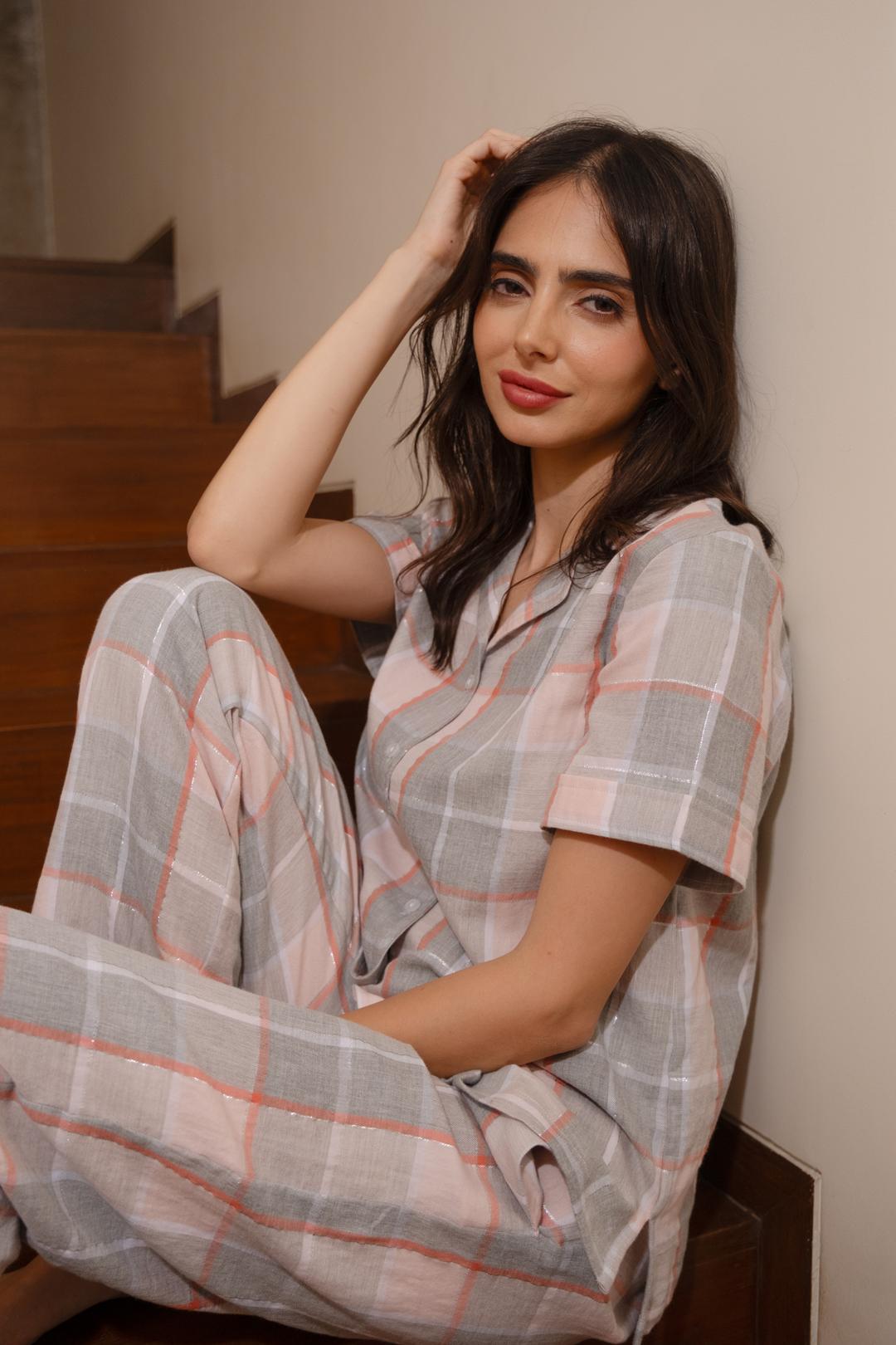 Winter Dusk Lurex Check Cotton Women's Pajama Set - Half Sleeves