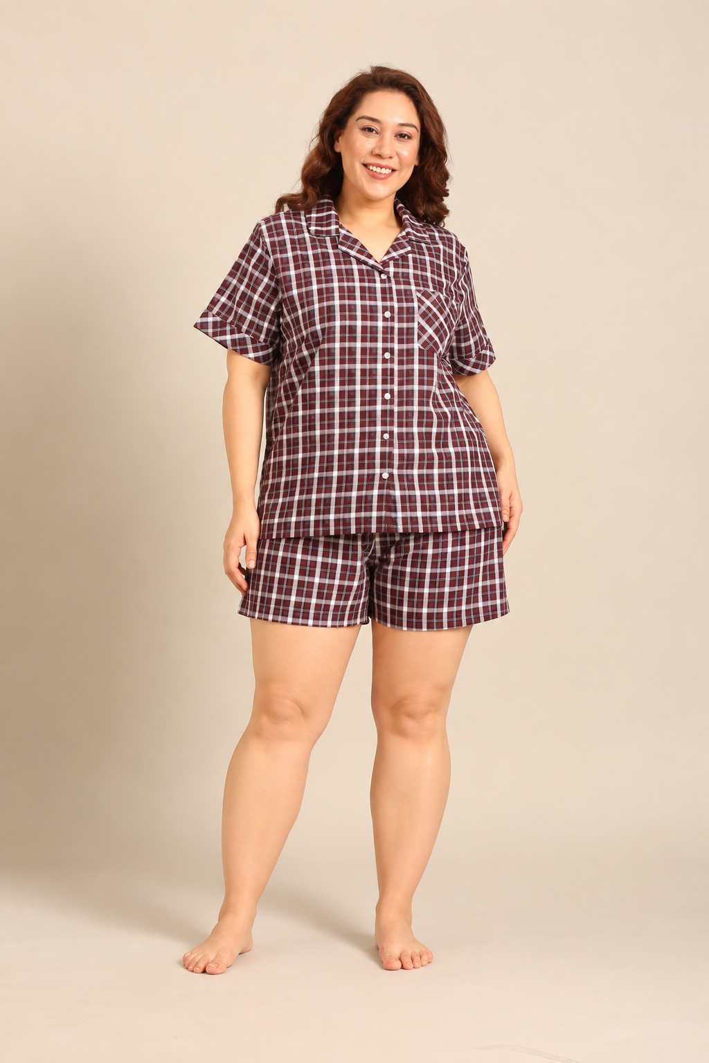 Edith Plaid Cotton Women's Curve Shorts Set - Half Sleeves