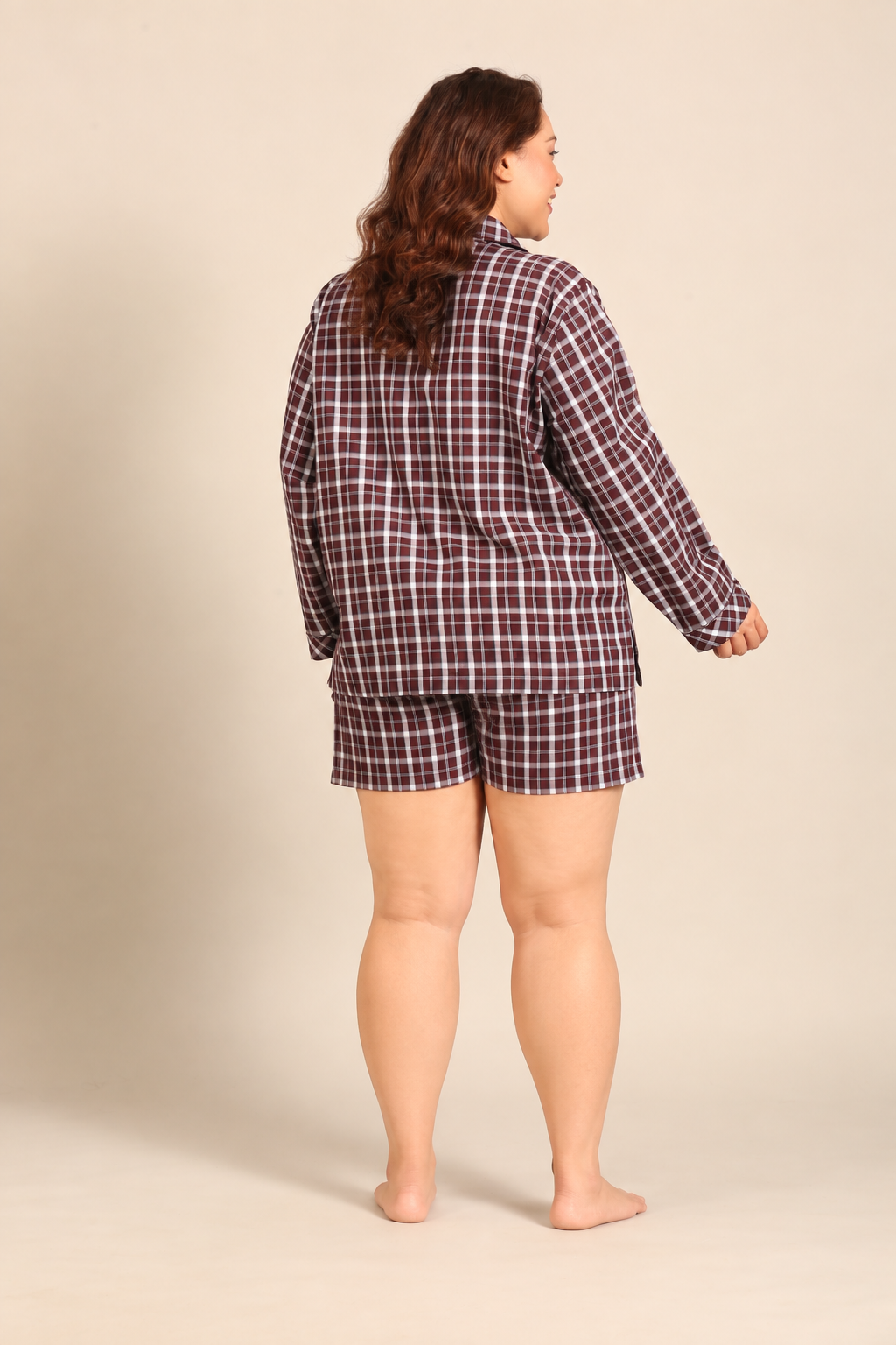 Edith Plaid Cotton Women's Curve Shorts Set - Full Sleeves