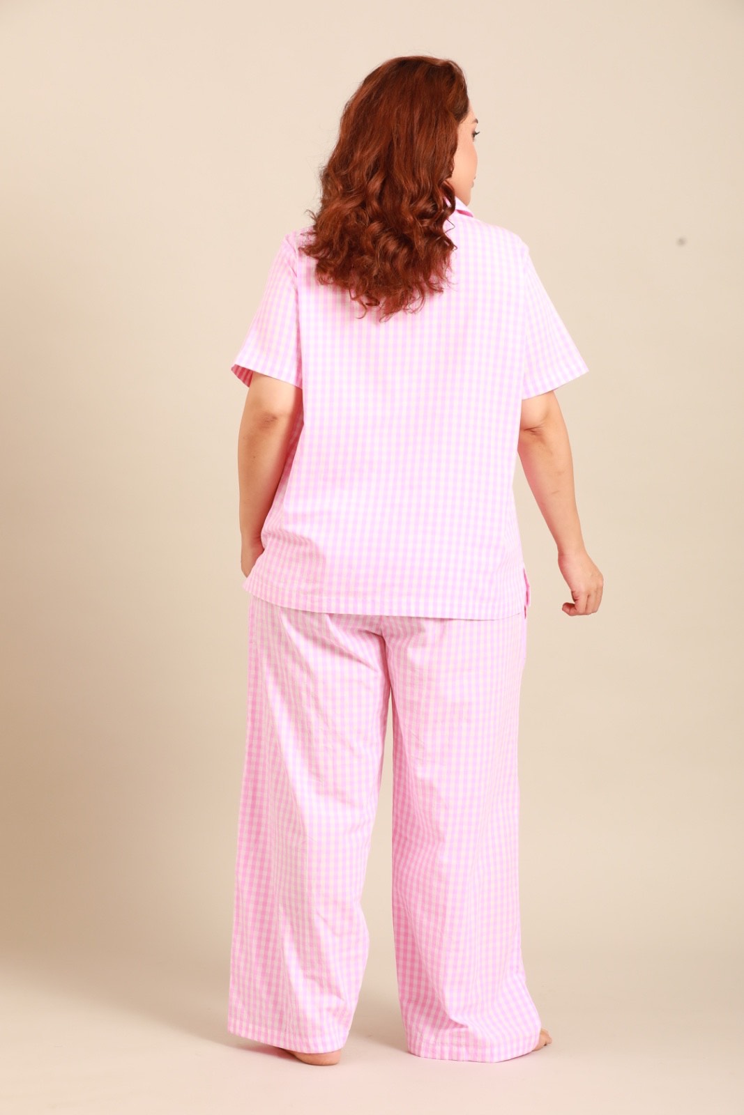 Stella Gingham Check Cotton Women's Curve Pajama Set - Half Sleeves