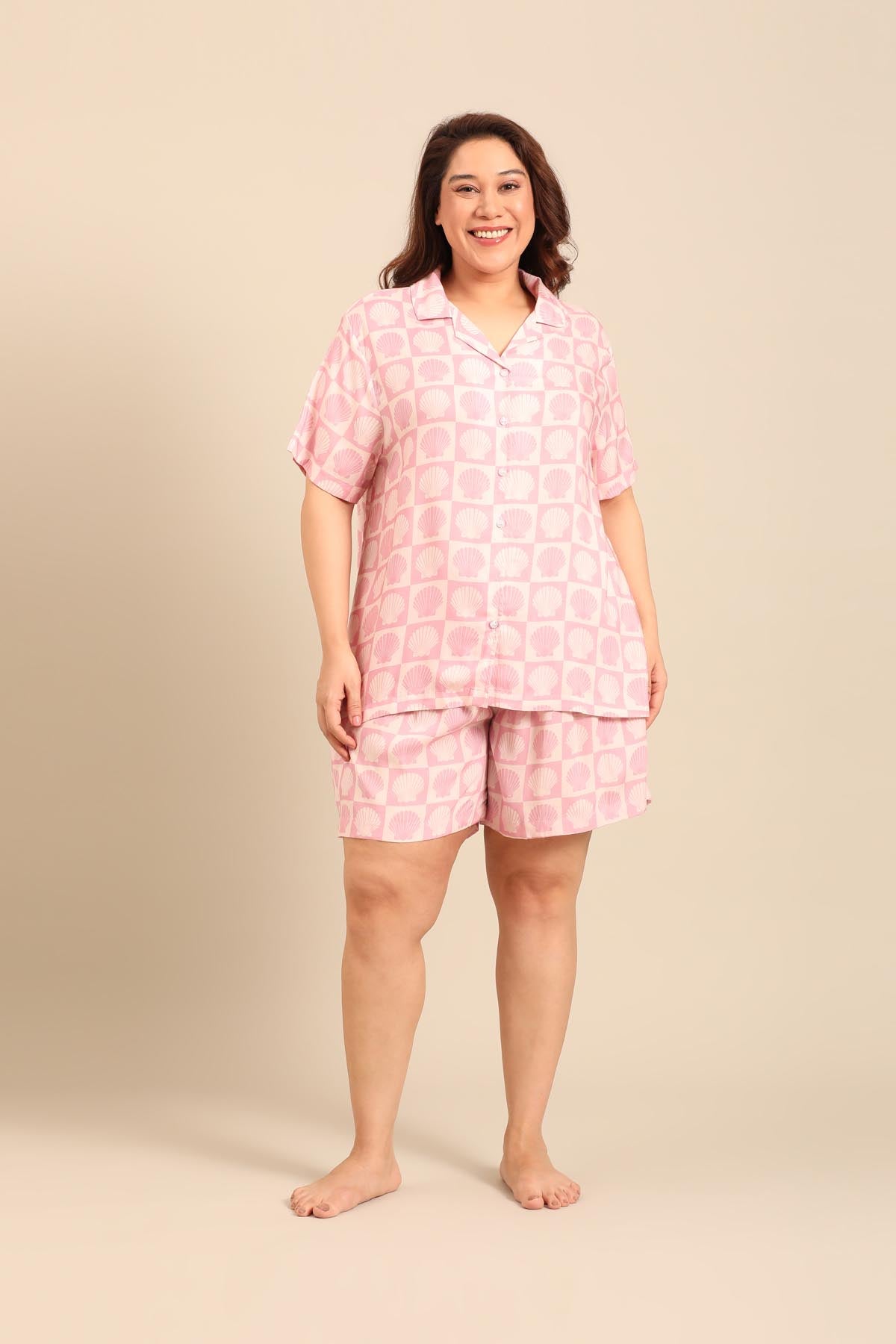 Moana Shells Viscose Women's Curve Shorts Set - Half Sleeves