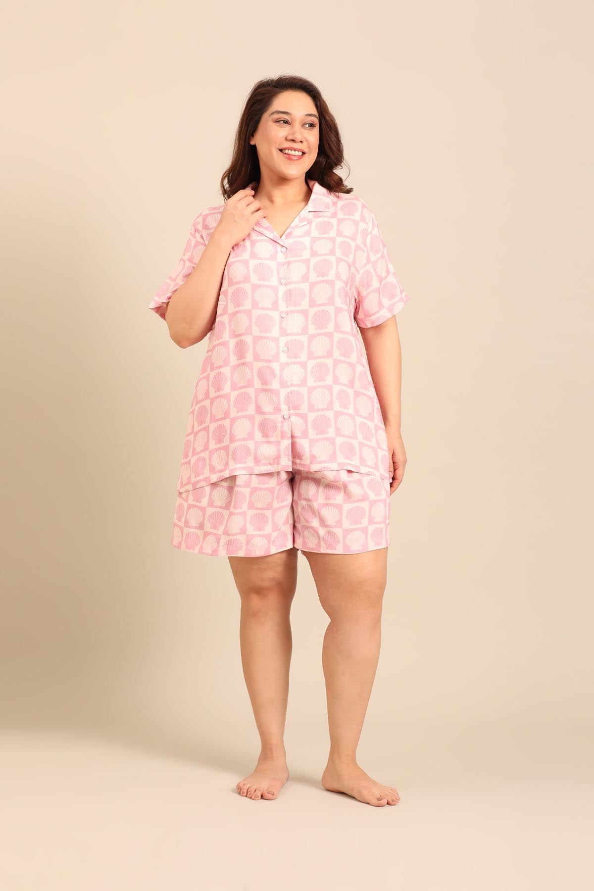 Moana Shells Viscose Women's Curve Shorts Set - Half Sleeves