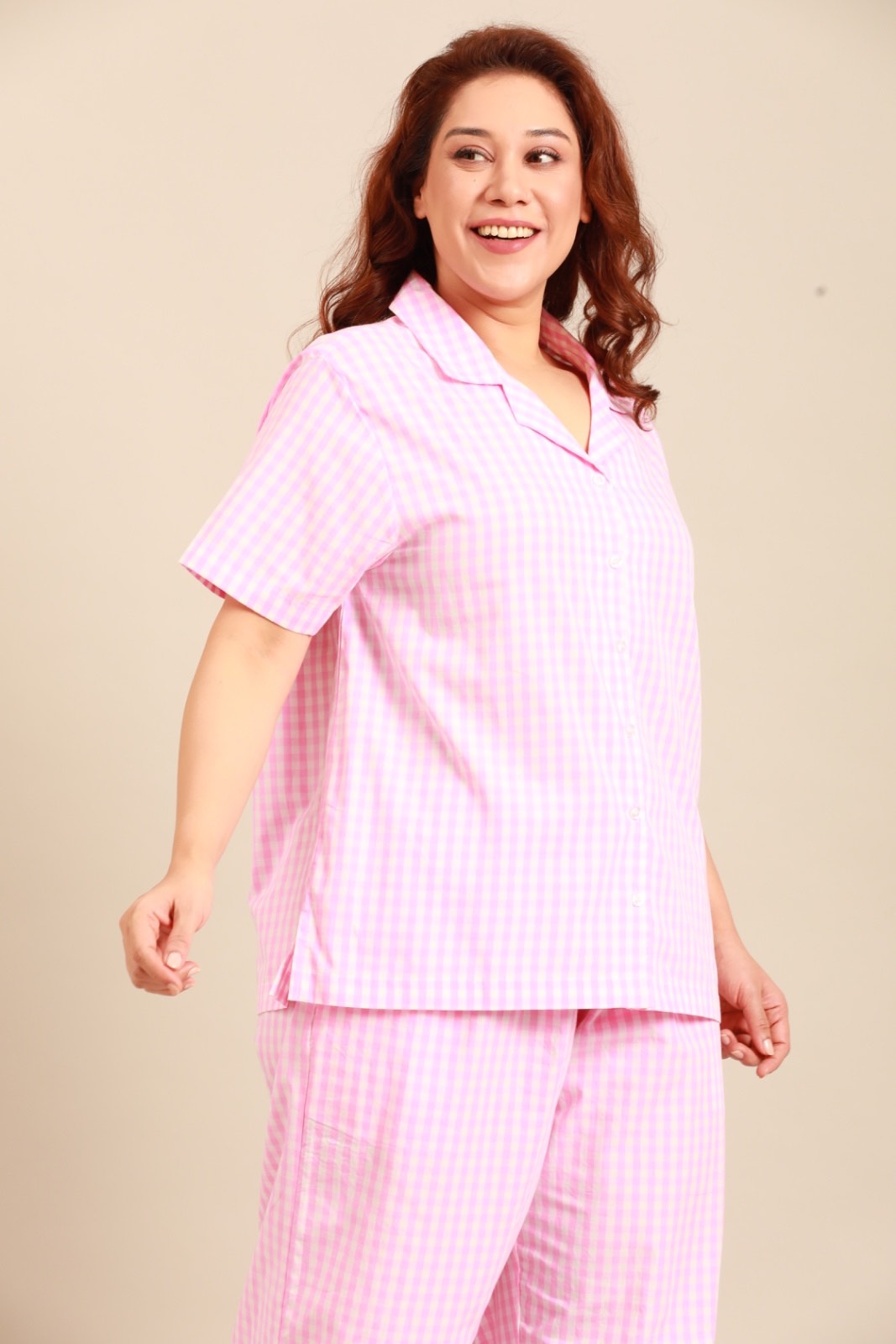 Stella Gingham Check Cotton Women's Curve Pajama Set - Half Sleeves