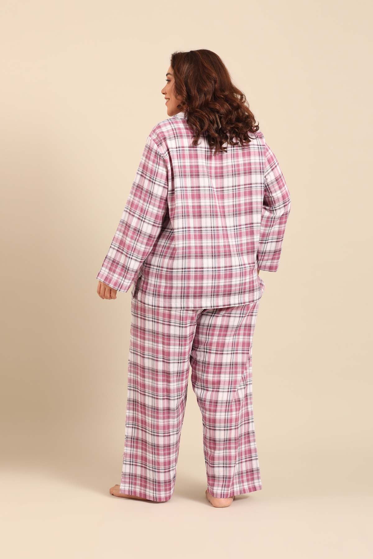 Violet Check Cotton Women's Curve Pajama Set- Full Sleeves