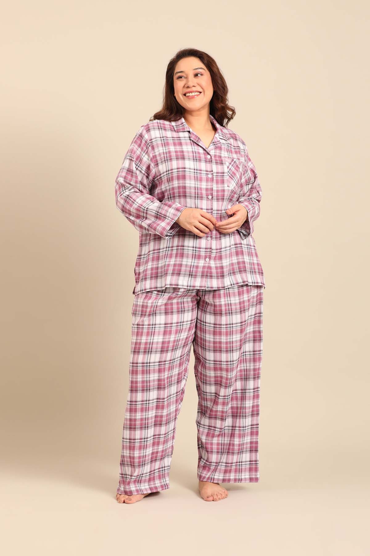Violet Check Cotton Women's Curve Pajama Set- Full Sleeves