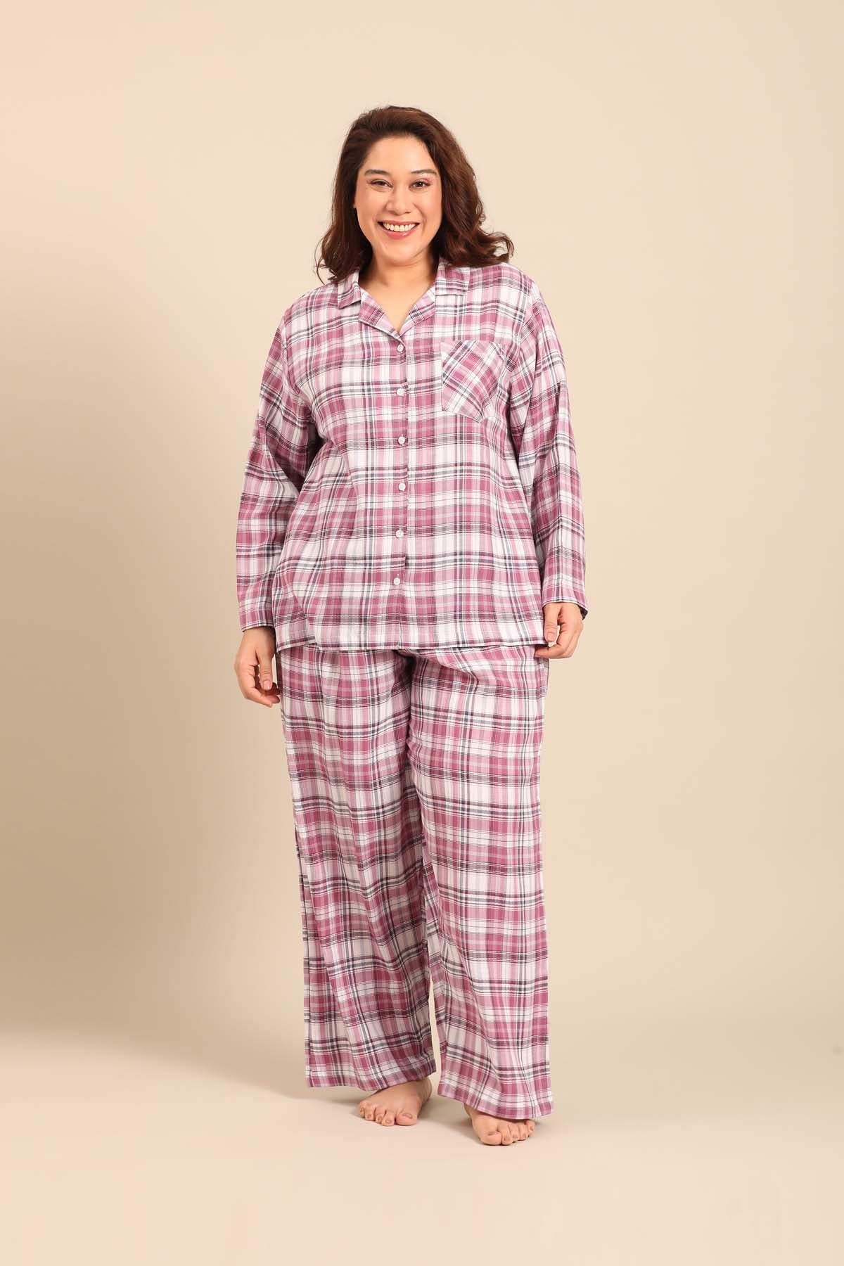 Violet Check Cotton Women's Curve Pajama Set- Full Sleeves