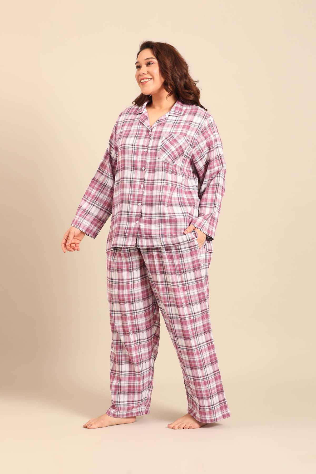 Violet Check Cotton Women's Curve Pajama Set- Full Sleeves
