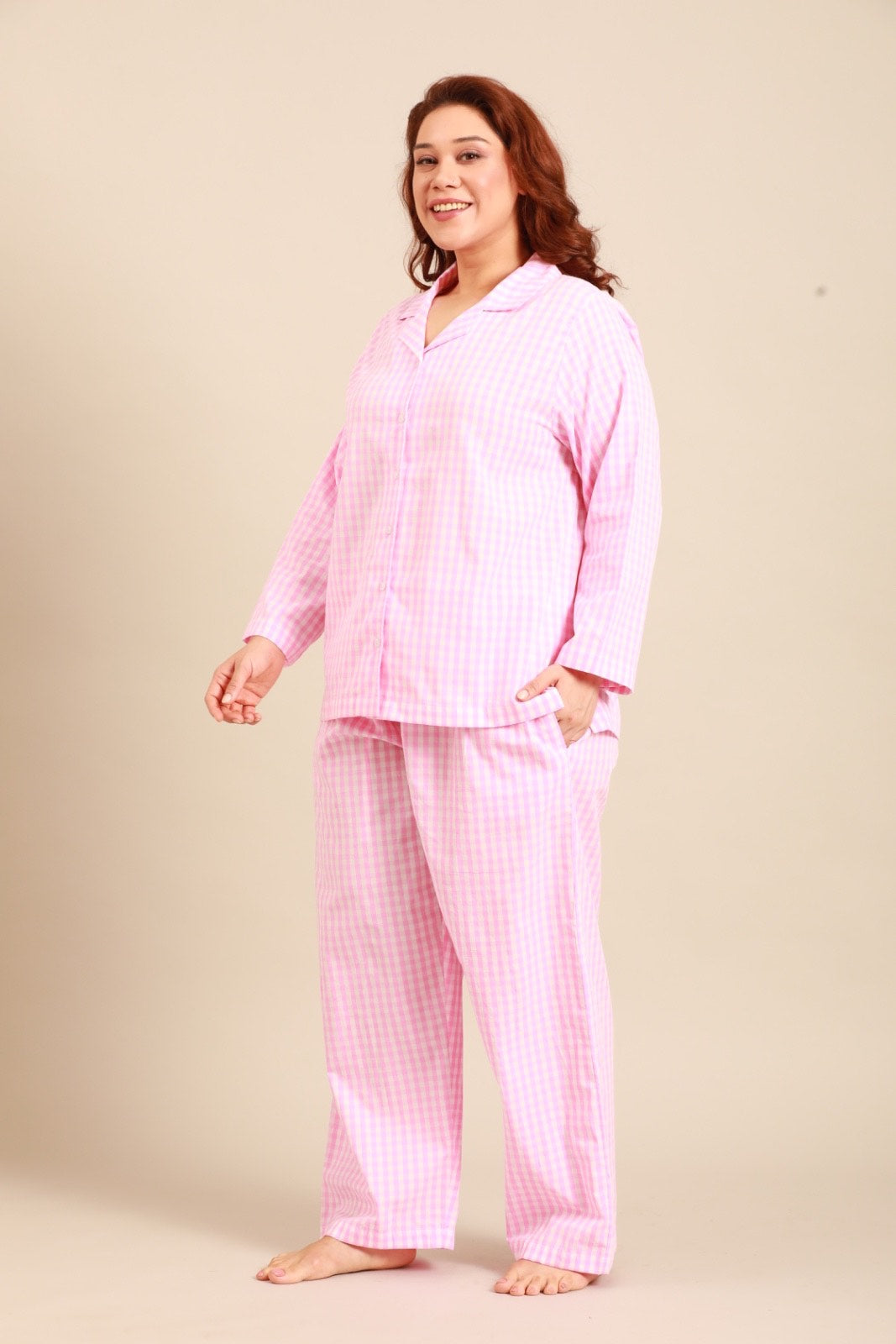 Stella Gingham Check Cotton Women's Curve Pajama Set - Full Sleeves