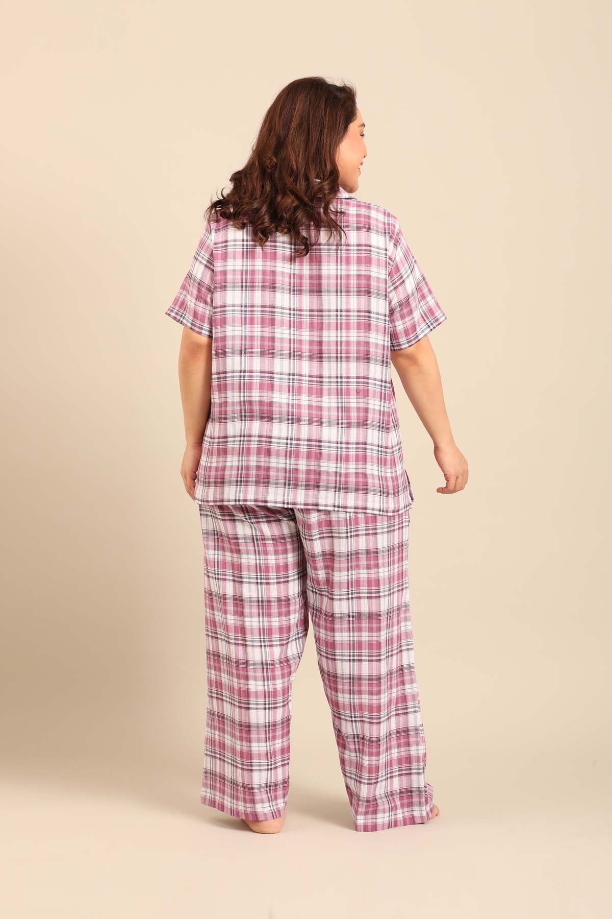Violet Check Cotton Women's Curve Pajama Set- Half Sleeves
