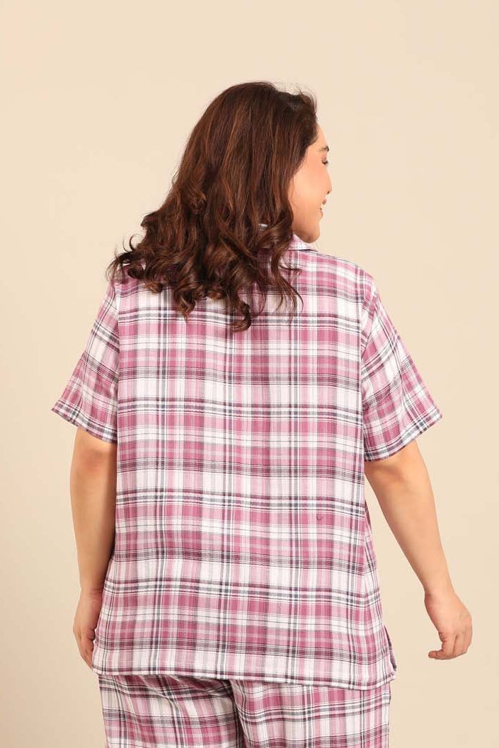 Violet Check Women's Cotton Shirt- Half Sleeves