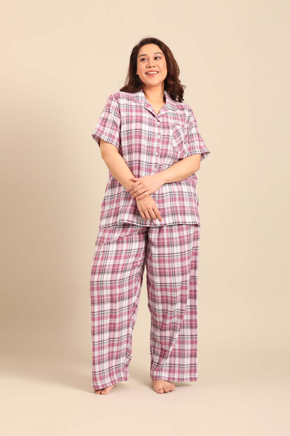 Violet Check Women's Cotton Shirt- Half Sleeves