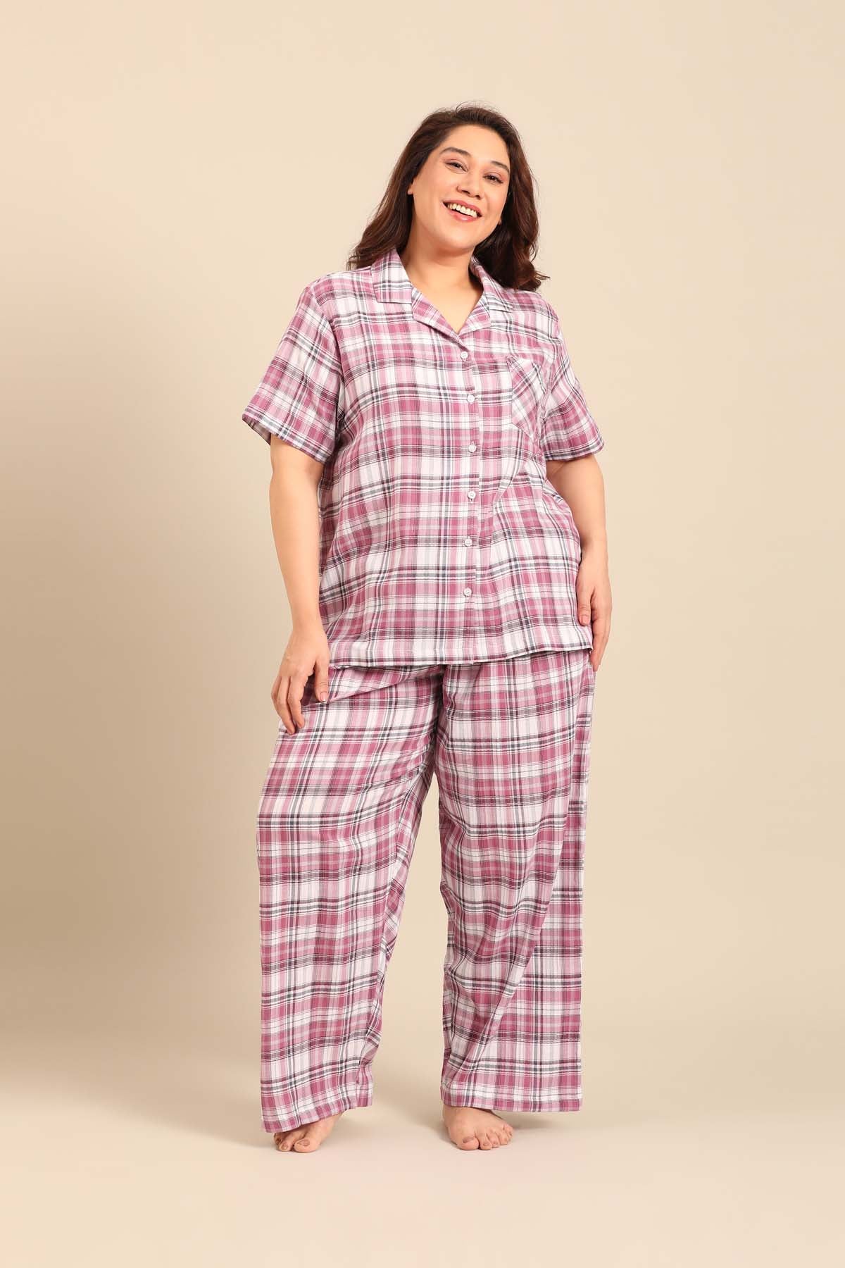 Violet Check Cotton Women's Curve Pajama Set- Half Sleeves